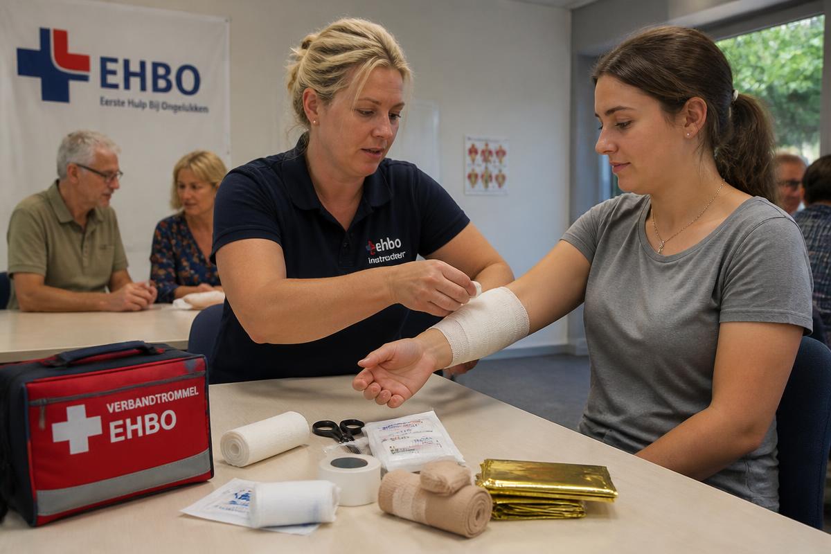 Instructeur legt een verband aan tijdens een EHBO-les